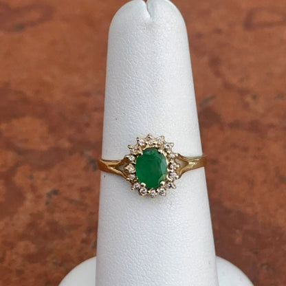 Estate 14KT Yellow Gold Oval Emerald + Diamond Double Halo Ring