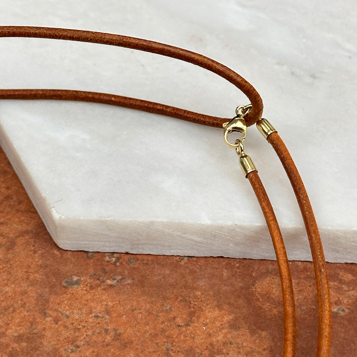 14KT Yellow Gold 2mm Natural Leather Cord Necklace 32" Knotted
