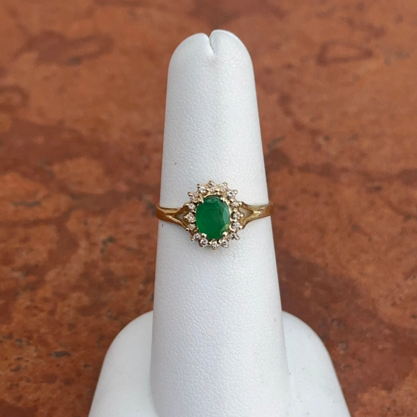 Estate 14KT Yellow Gold Oval Emerald + Diamond Double Halo Ring