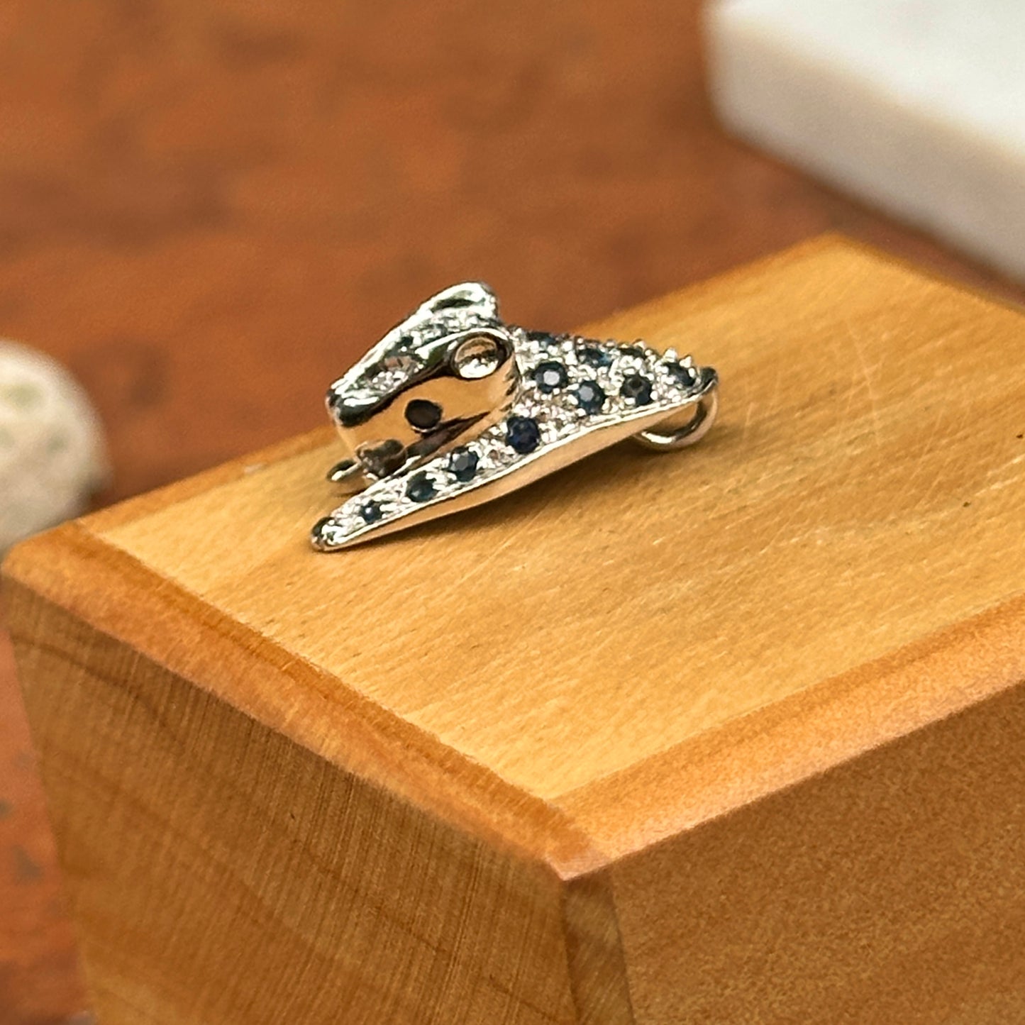 10KT White Gold Round Blue Sapphire and Diamond Panther Pendant Slide with Hidden Bail