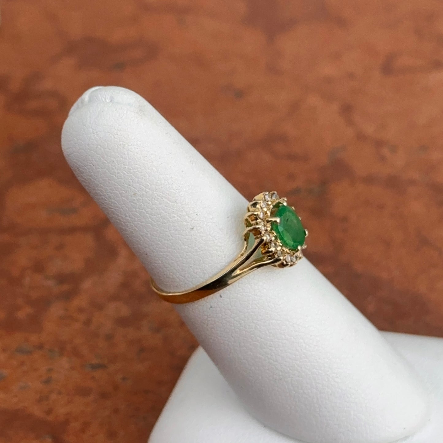Estate 14KT Yellow Gold Oval Emerald + Diamond Double Halo Ring
