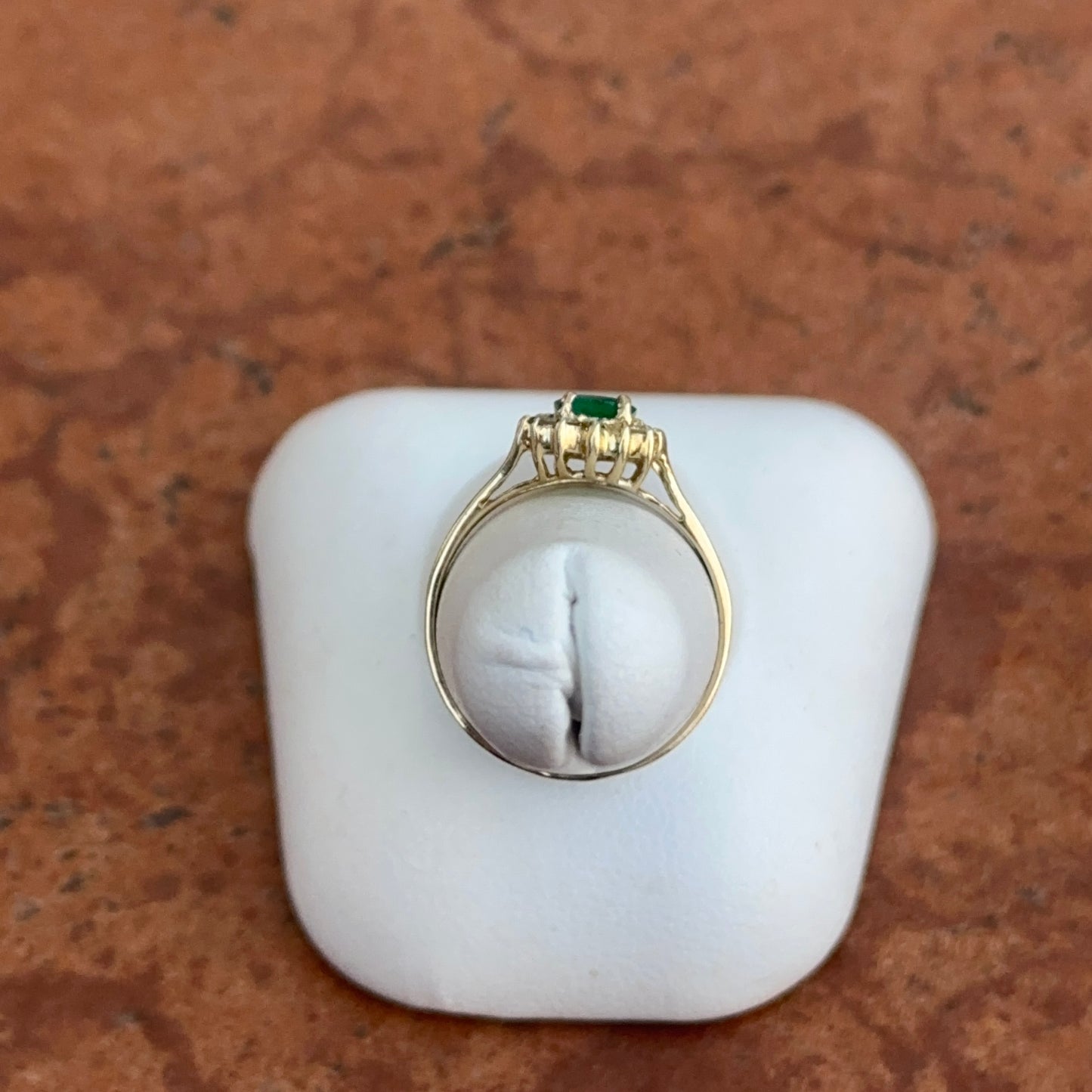 Estate 14KT Yellow Gold Oval Emerald + Diamond Double Halo Ring
