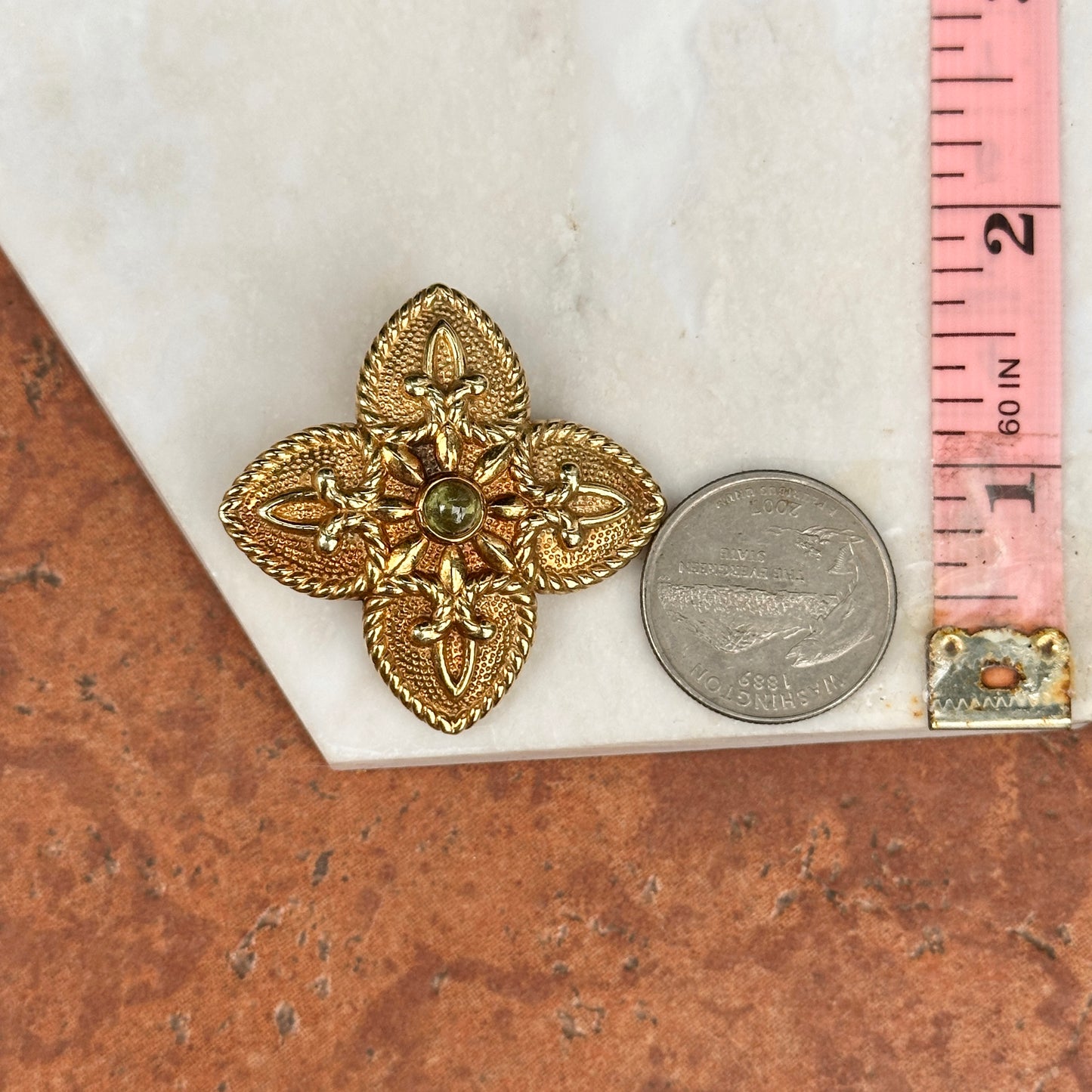 Estate 14KT Yellow Gold Cabochon Peridot Ornate Cross + Hidden Bail