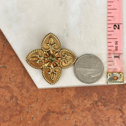 Estate 14KT Yellow Gold Cabochon Peridot Ornate Cross + Hidden Bail