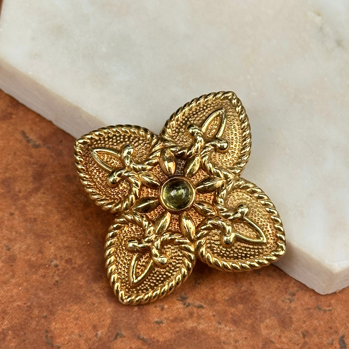 Estate 14KT Yellow Gold Cabochon Peridot Ornate Cross + Hidden Bail