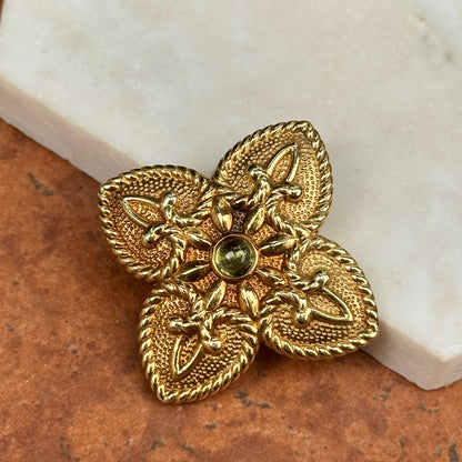 Estate 14KT Yellow Gold Cabochon Peridot Ornate Cross + Hidden Bail