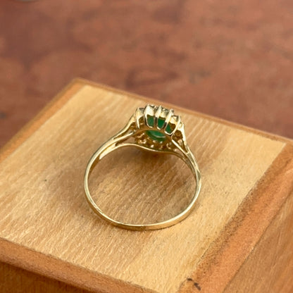 Estate 14KT Yellow Gold Oval Emerald + Diamond Double Halo Ring