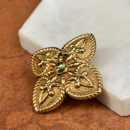 Estate 14KT Yellow Gold Cabochon Peridot Ornate Cross + Hidden Bail