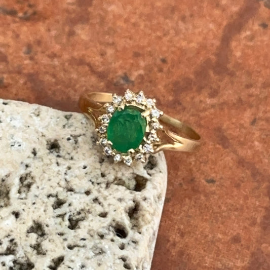 Estate 14KT Yellow Gold Oval Emerald + Diamond Double Halo Ring