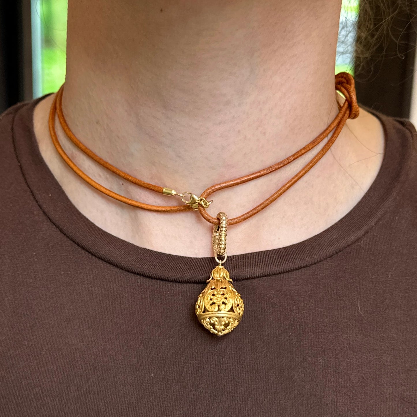14KT Yellow Gold 2mm Natural Leather Cord Necklace 32" Knotted