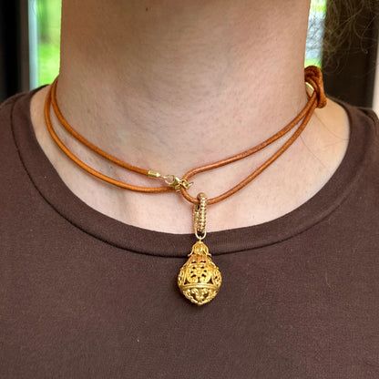 14KT Yellow Gold 2mm Natural Leather Cord Necklace 32" Knotted
