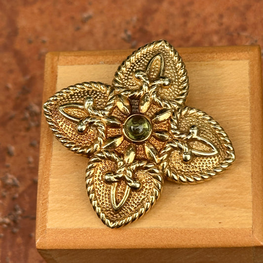 Estate 14KT Yellow Gold Cabochon Peridot Ornate Cross + Hidden Bail