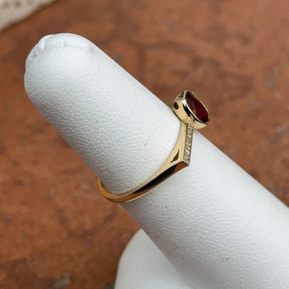 Estate 14KT Yellow Gold Pave Diamond + Oval Bezel Set Ruby Band Ring