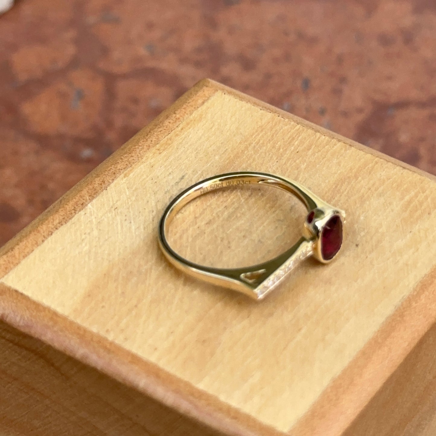 Estate 14KT Yellow Gold Pave Diamond + Oval Bezel Set Ruby Band Ring