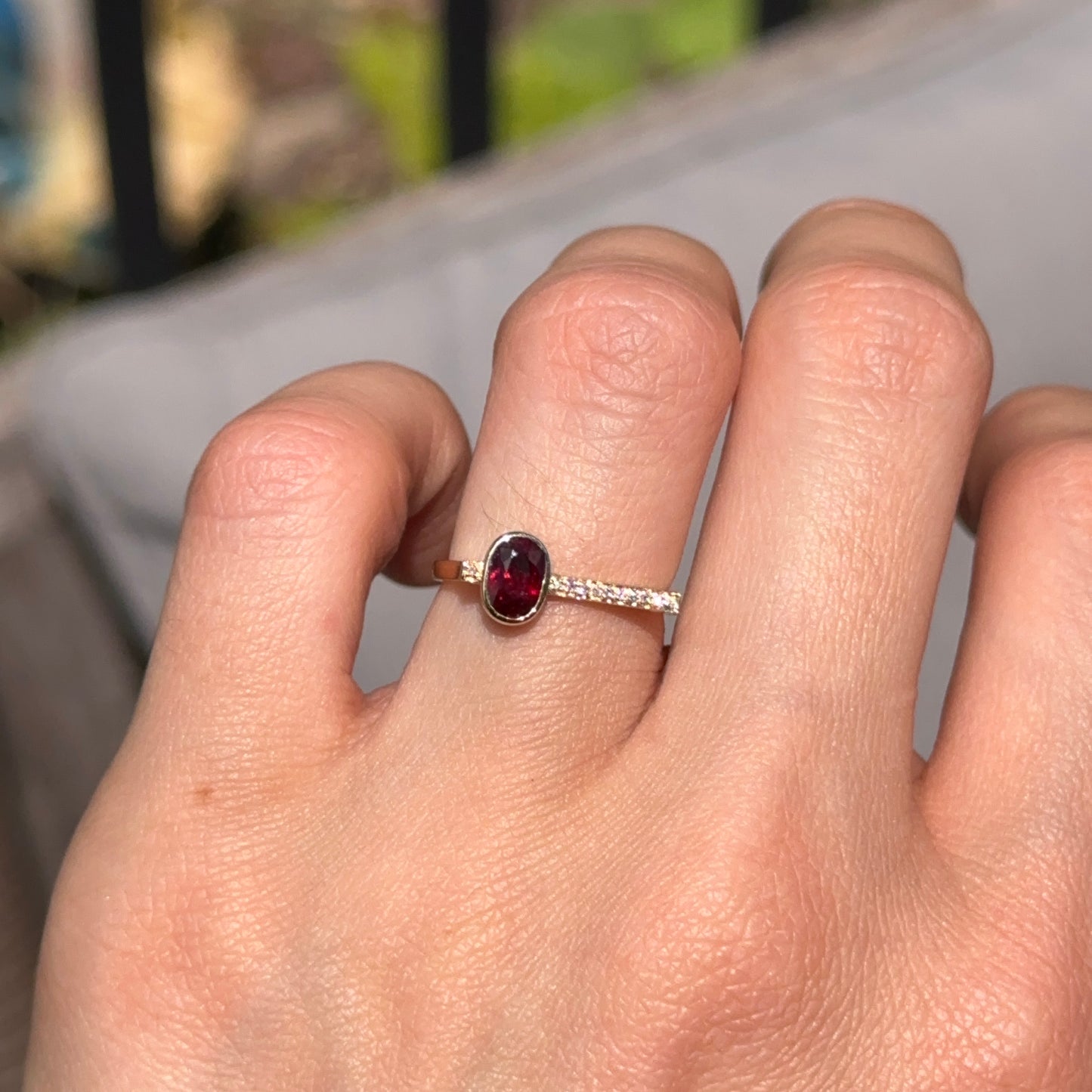 Estate 14KT Yellow Gold Pave Diamond + Oval Bezel Set Ruby Band Ring