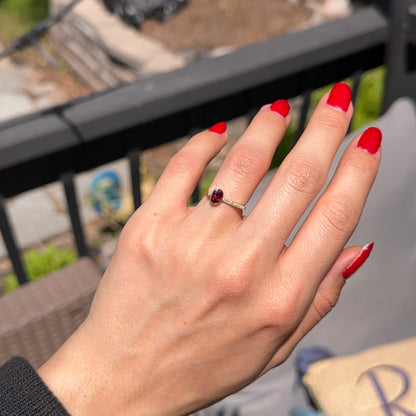 Estate 14KT Yellow Gold Pave Diamond + Oval Bezel Set Ruby Band Ring