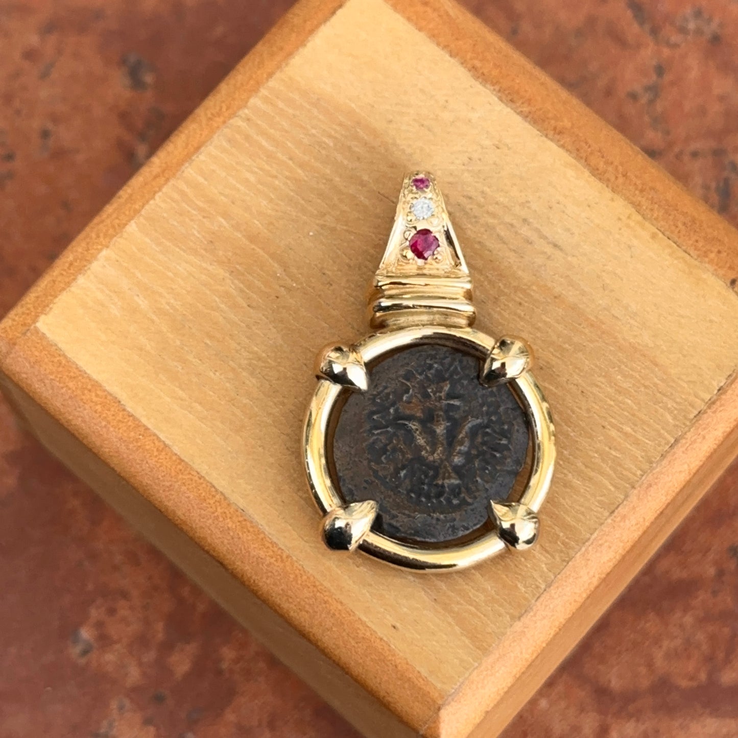 Estate 14KT Yellow Gold Ancient Bronze Coin Rubies + Diamond Pendant - LSJ