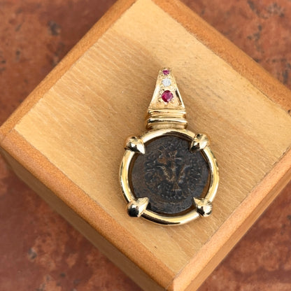 Estate 14KT Yellow Gold Ancient Bronze Coin Rubies + Diamond Pendant - LSJ