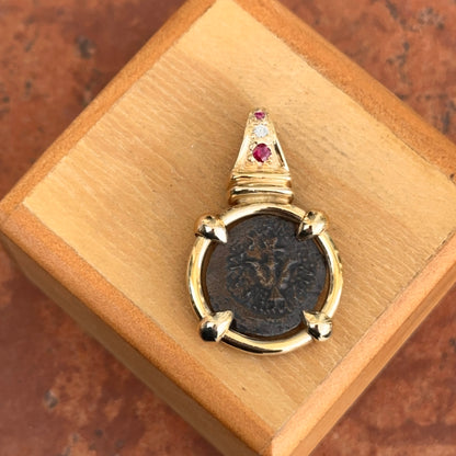 Estate 14KT Yellow Gold Ancient Bronze Coin Rubies + Diamond Pendant - LSJ