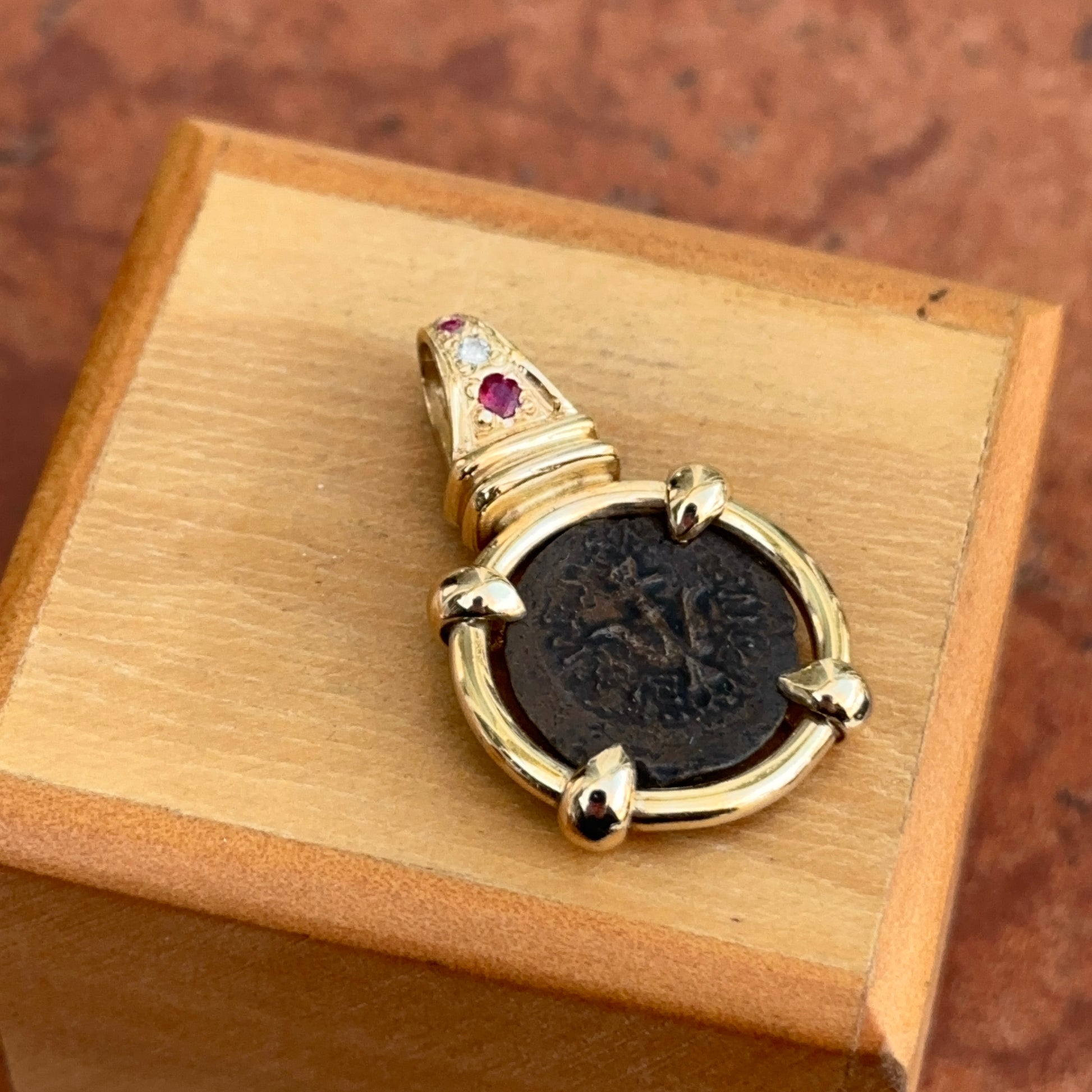 Estate 14KT Yellow Gold Ancient Bronze Coin Rubies + Diamond Pendant - LSJ