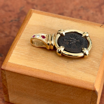 Estate 14KT Yellow Gold Ancient Bronze Coin Rubies + Diamond Pendant - LSJ
