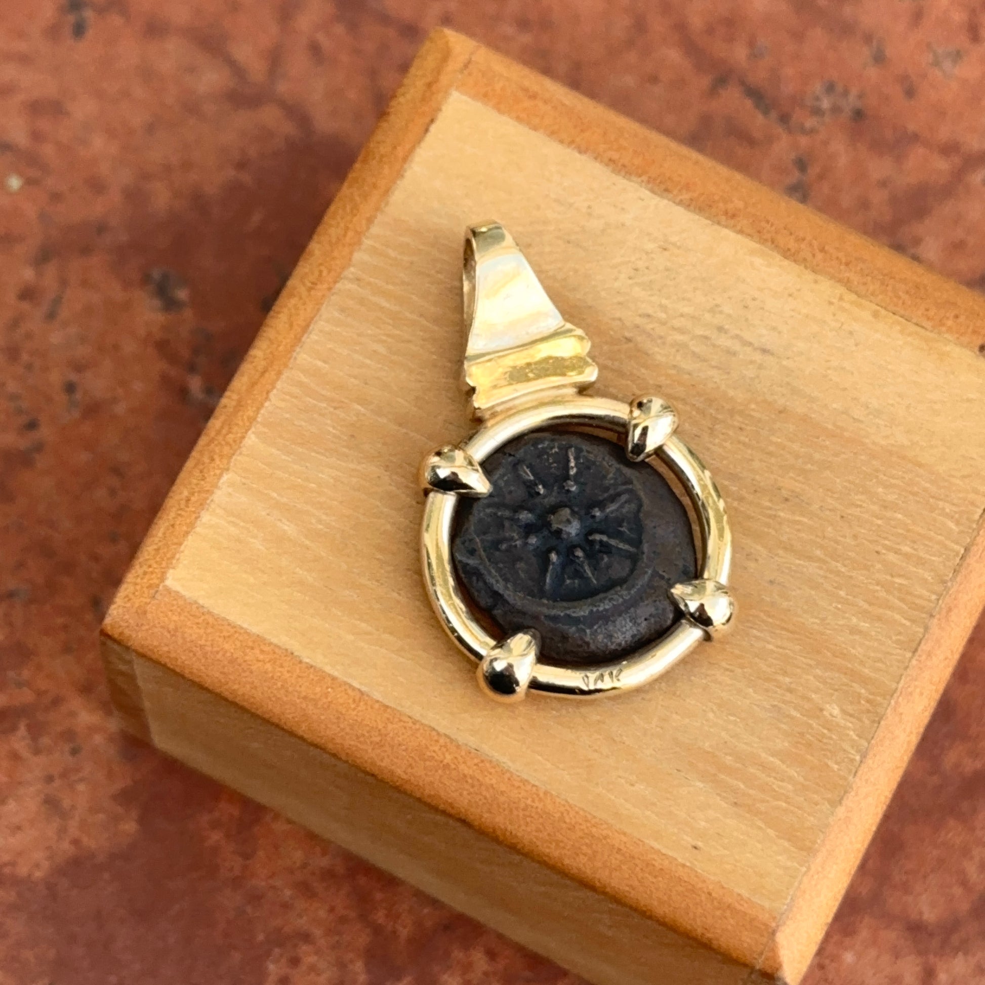 Estate 14KT Yellow Gold Ancient Bronze Coin Rubies + Diamond Pendant - LSJ