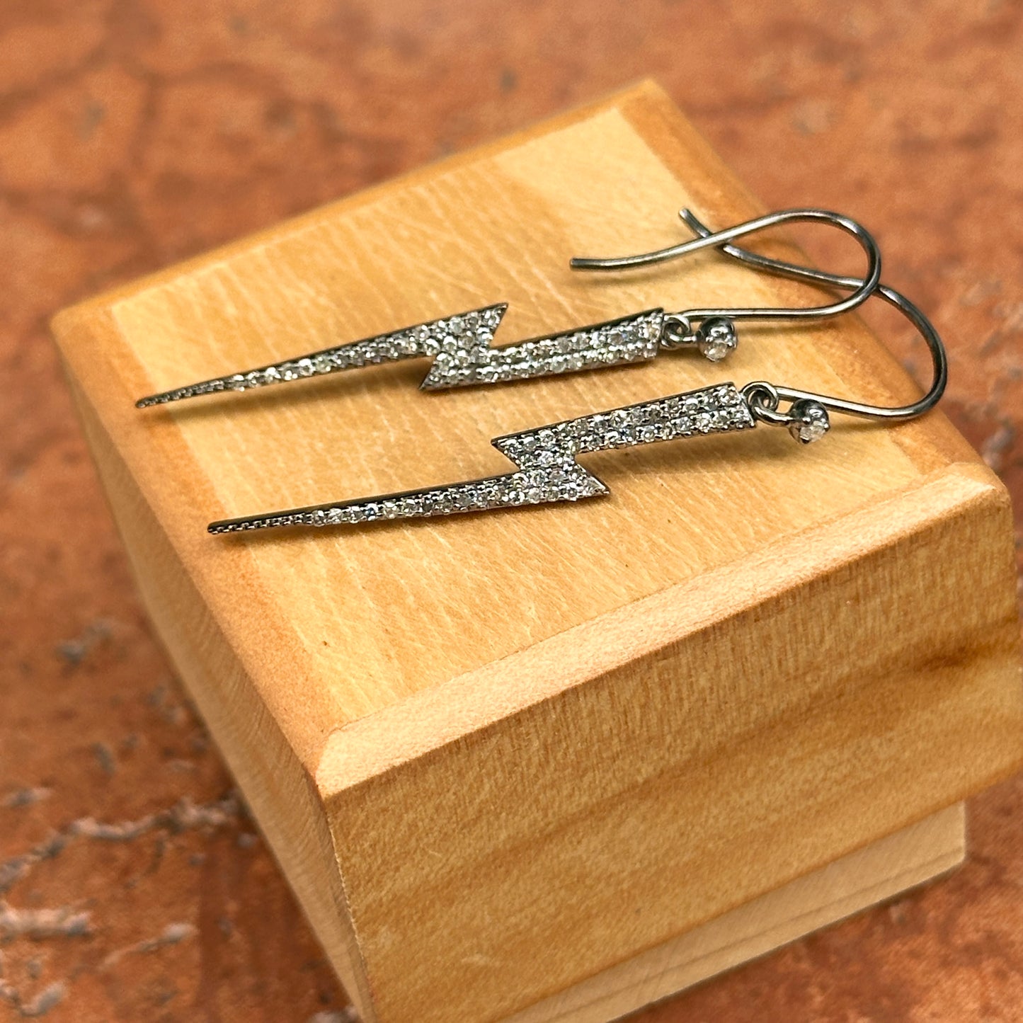 Sterling Silver Pave Diamond Lightening Bolt Dangle Earrings Blackened