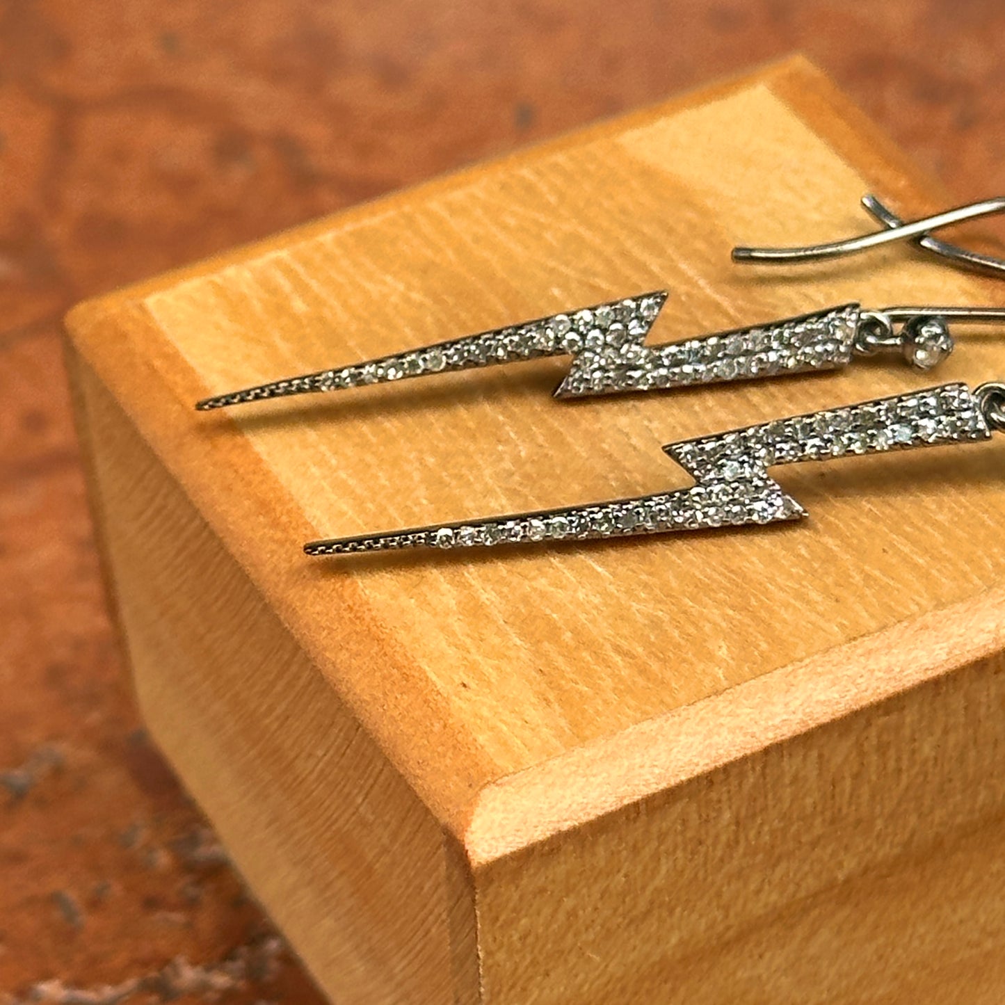 Sterling Silver Pave Diamond Lightening Bolt Dangle Earrings Blackened