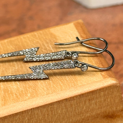 Sterling Silver Pave Diamond Lightening Bolt Dangle Earrings Blackened