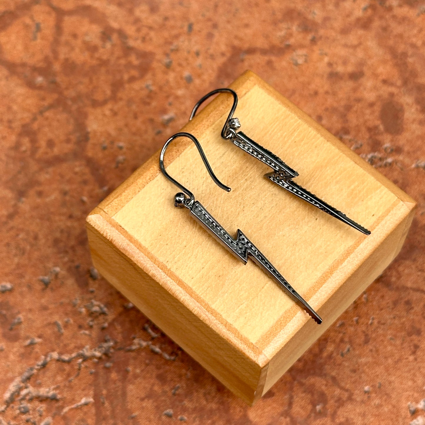 Sterling Silver Pave Diamond Lightening Bolt Dangle Earrings Blackened