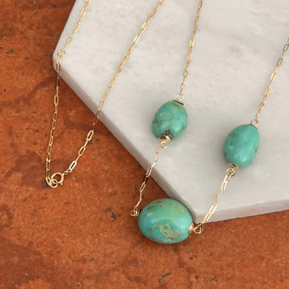 Estate 14KT Yellow Gold Blue Kingman Turquoise Station Chain Necklace