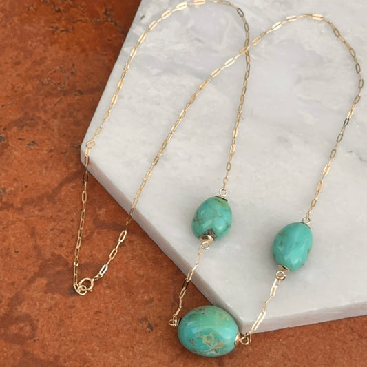 Estate 14KT Yellow Gold Blue Kingman Turquoise Station Chain Necklace