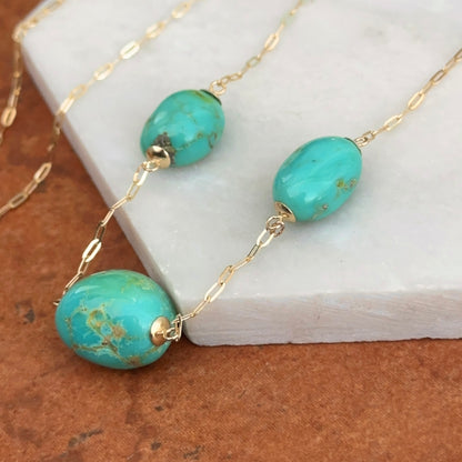 Estate 14KT Yellow Gold Blue Kingman Turquoise Station Chain Necklace