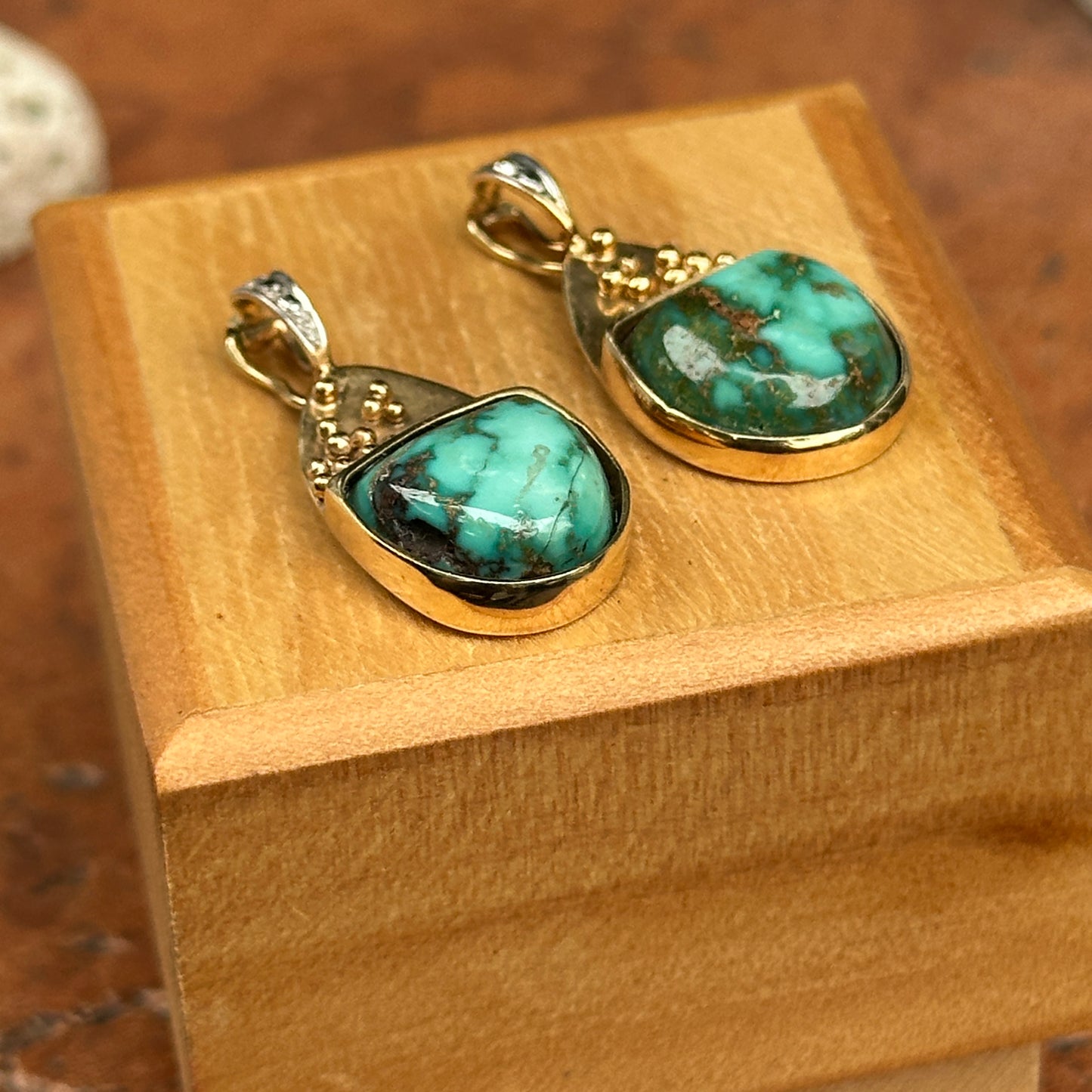 Estate 14K Yellow + White Gold Green Turquoise Earring Charms/Pendant Enhancers