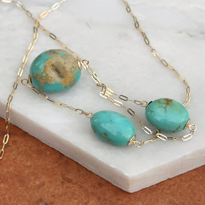 Estate 14KT Yellow Gold Blue Kingman Turquoise Station Chain Necklace