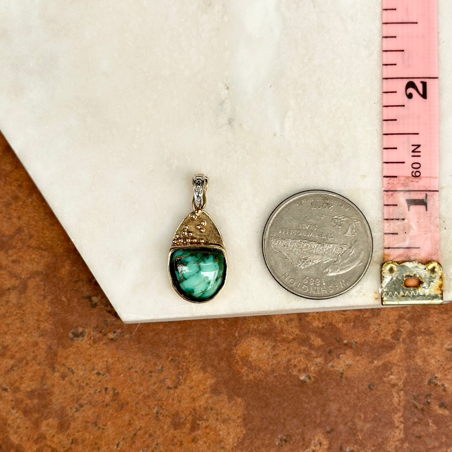 Estate 14KT Yellow and White Gold Half Moon Green Turquoise Pendant Enhancer