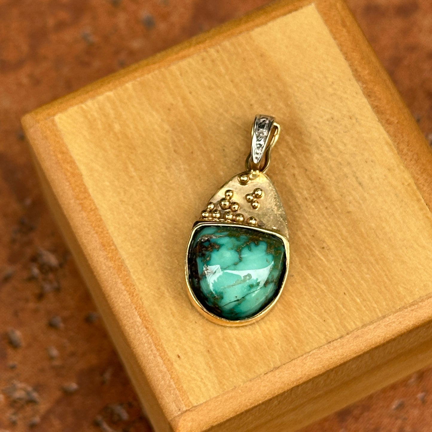 Estate 14KT Yellow and White Gold Half Moon Green Turquoise Pendant Enhancer