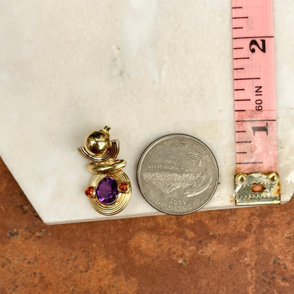 Estate 10KT Yellow Gold Amethyst + Cabochon Citrine Dangle Earrings