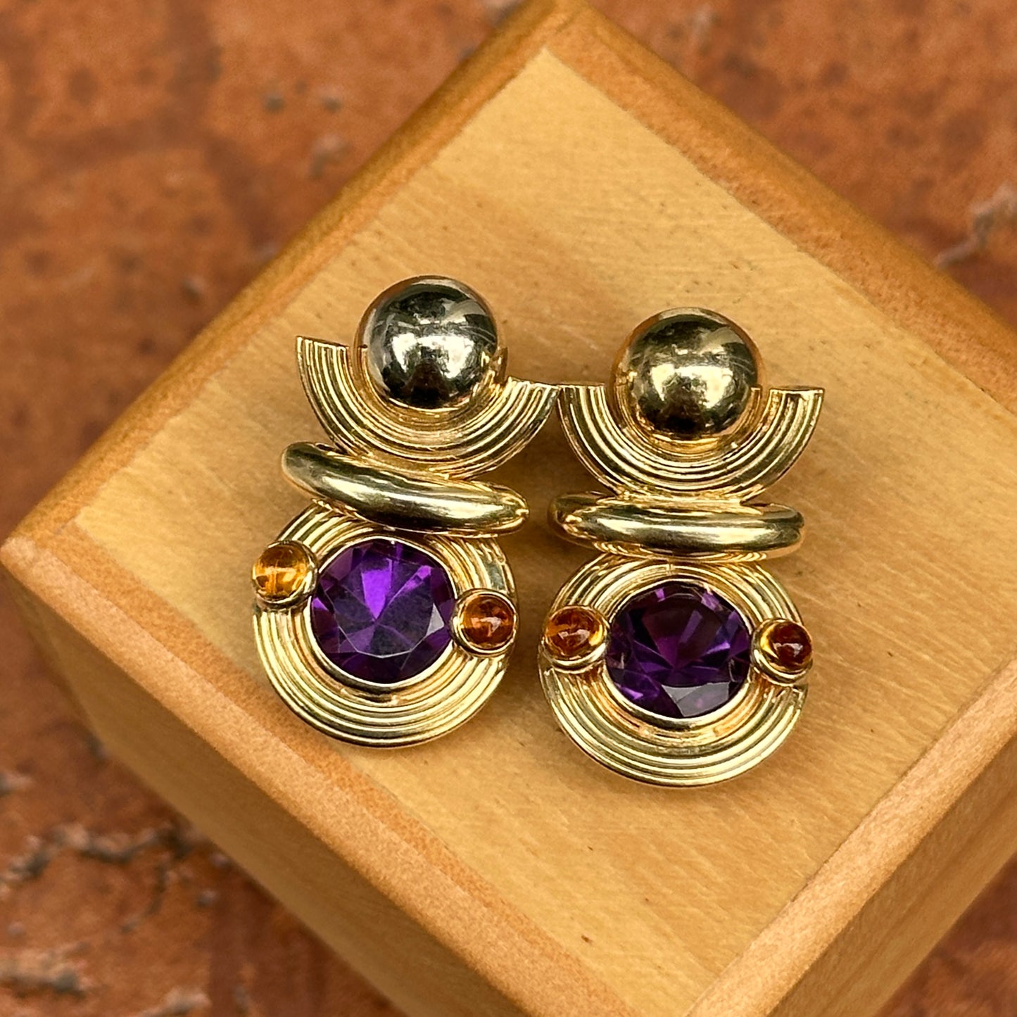 Estate 10KT Yellow Gold Amethyst + Cabochon Citrine Dangle Earrings