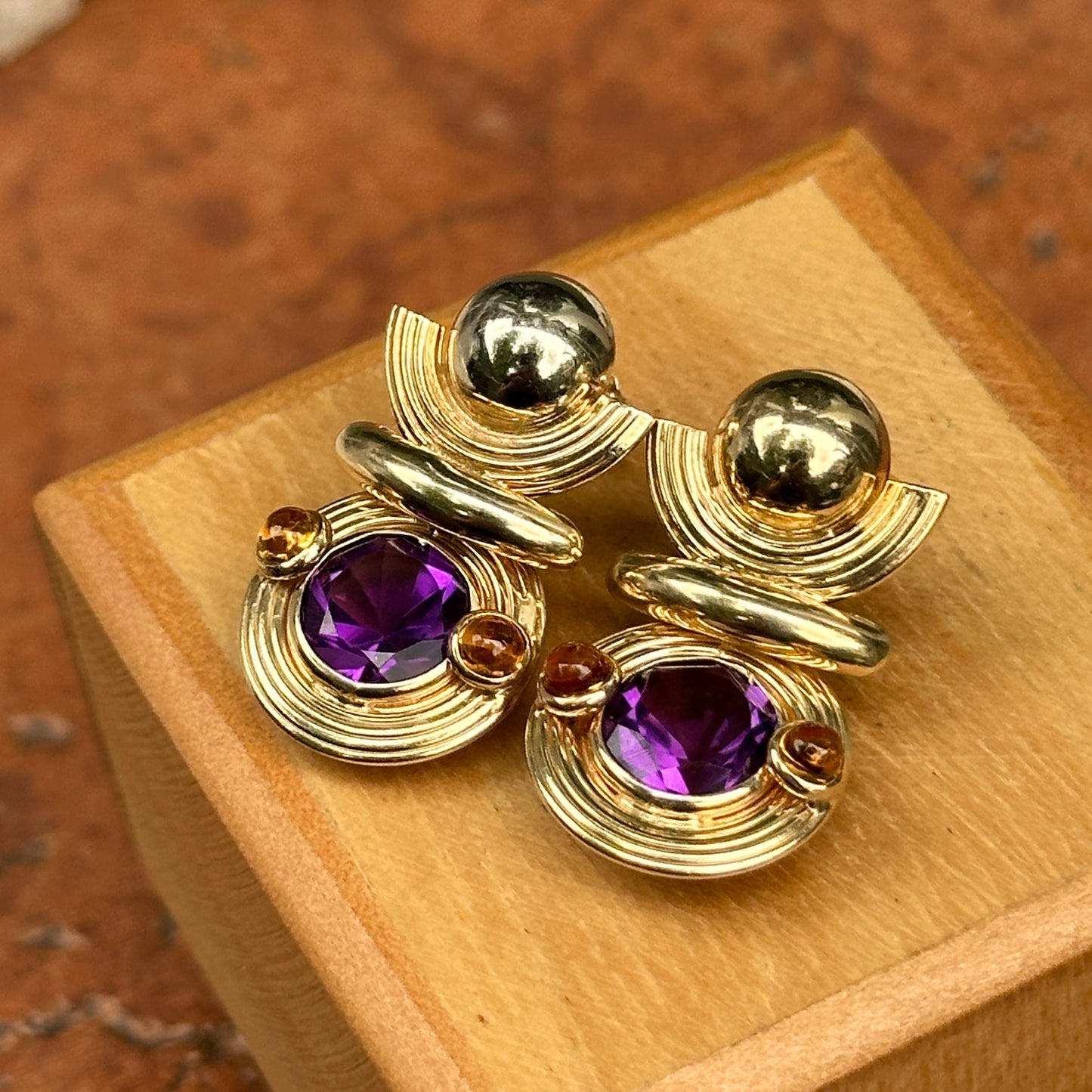 Estate 10KT Yellow Gold Amethyst + Cabochon Citrine Dangle Earrings