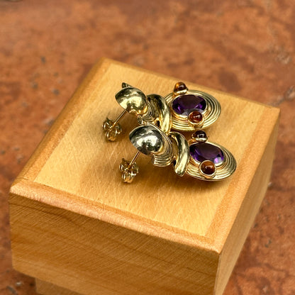 Estate 10KT Yellow Gold Amethyst + Cabochon Citrine Dangle Earrings