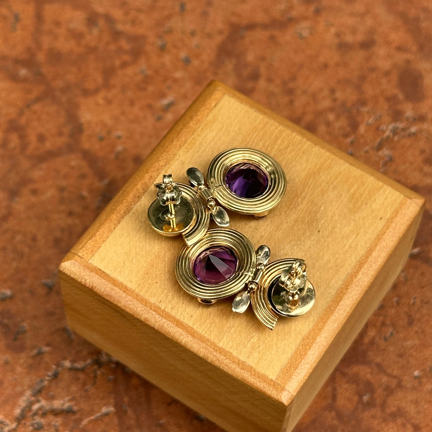 Estate 10KT Yellow Gold Amethyst + Cabochon Citrine Dangle Earrings