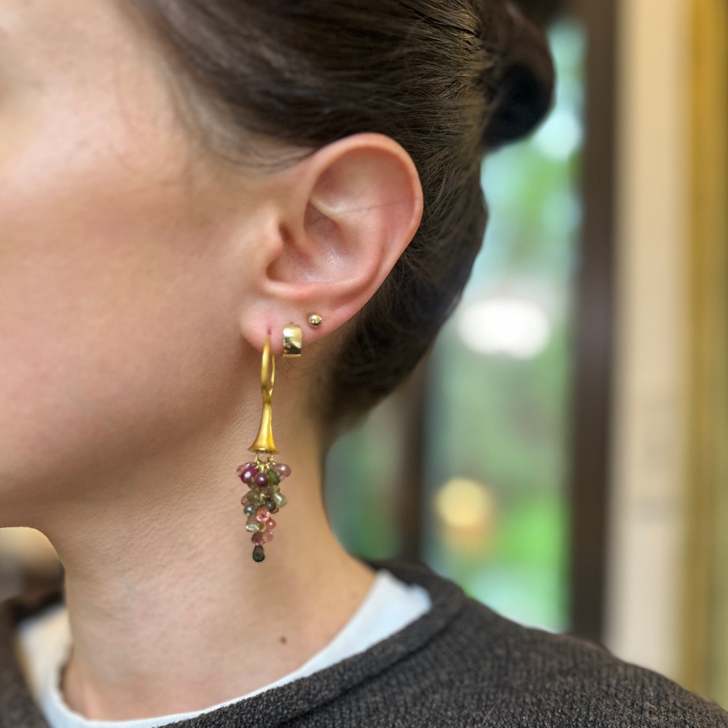 Estate 18KT Yellow Gold Matte Briolette Multi Colored Tourmaline Dangle Earrings