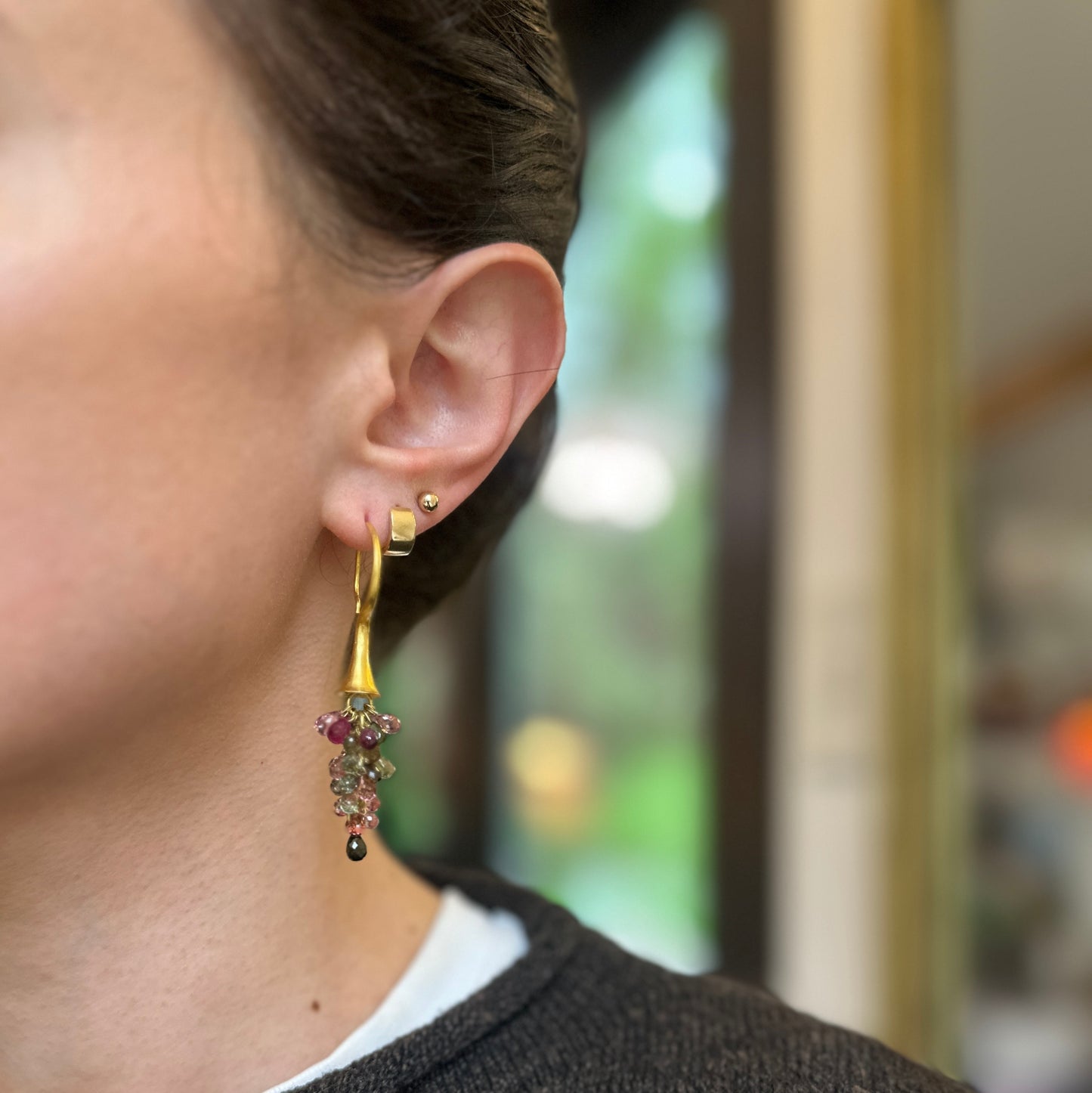 Estate 18KT Yellow Gold Matte Briolette Multi Colored Tourmaline Dangle Earrings