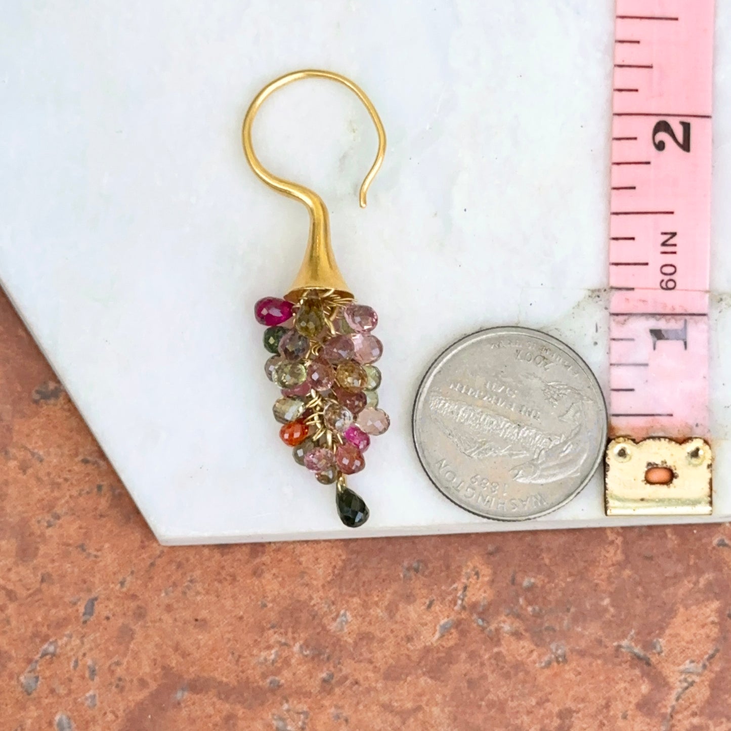 Estate 18KT Yellow Gold Matte Briolette Multi Colored Tourmaline Dangle Earrings