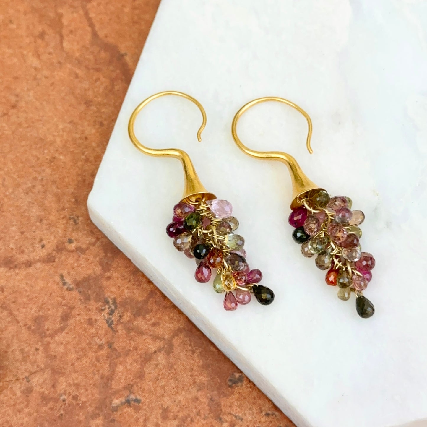 Estate 18KT Yellow Gold Matte Briolette Multi Colored Tourmaline Dangle Earrings