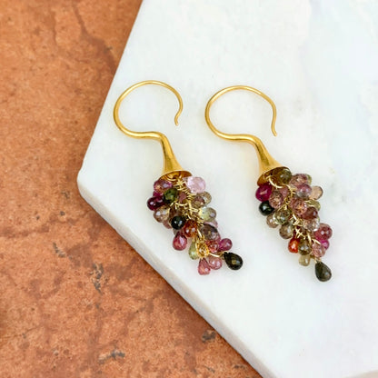 Estate 18KT Yellow Gold Matte Briolette Multi Colored Tourmaline Dangle Earrings
