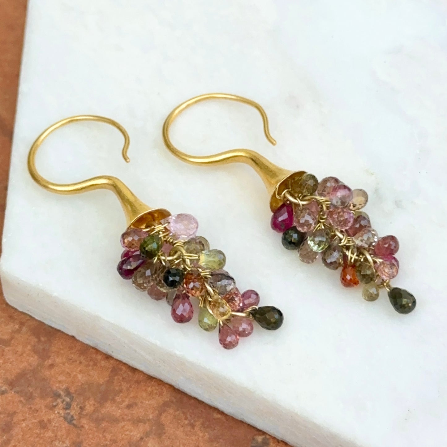 Estate 18KT Yellow Gold Matte Briolette Multi Colored Tourmaline Dangle Earrings