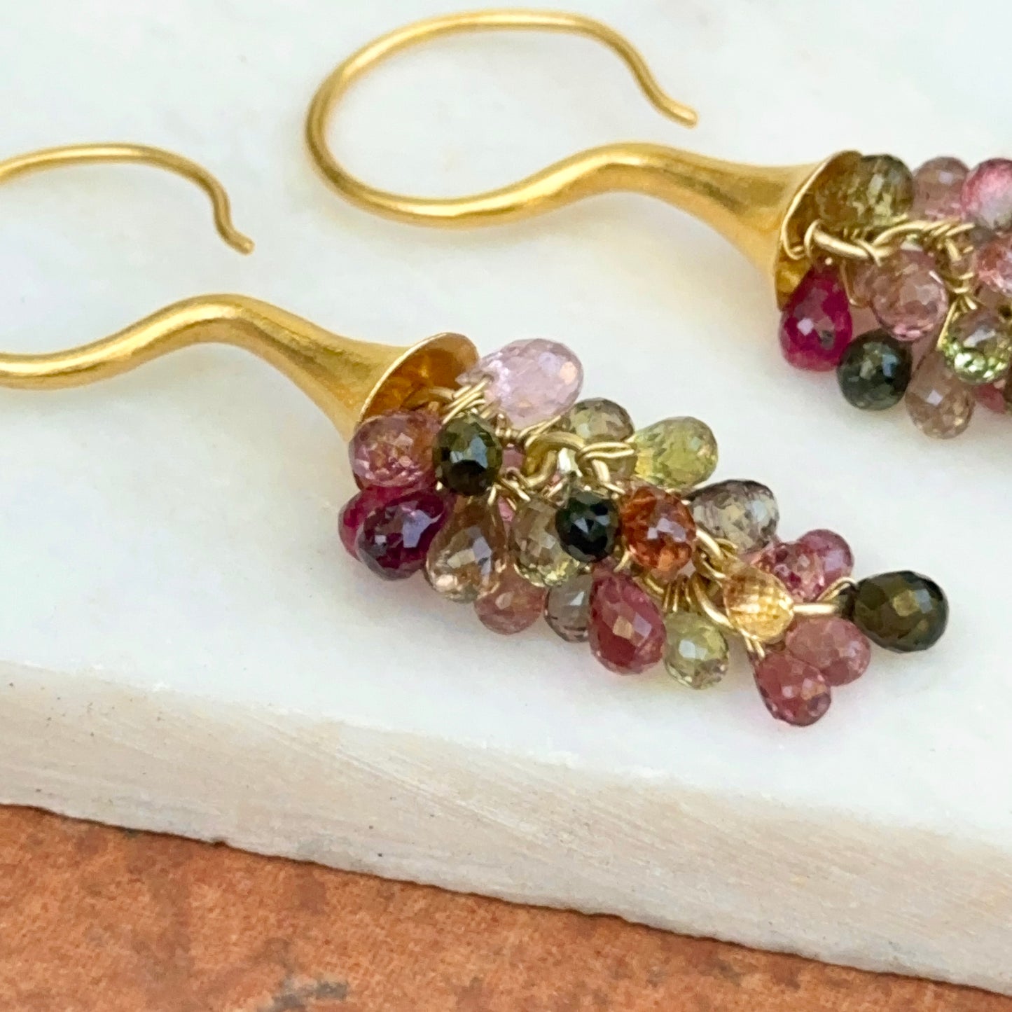 Estate 18KT Yellow Gold Matte Briolette Multi Colored Tourmaline Dangle Earrings