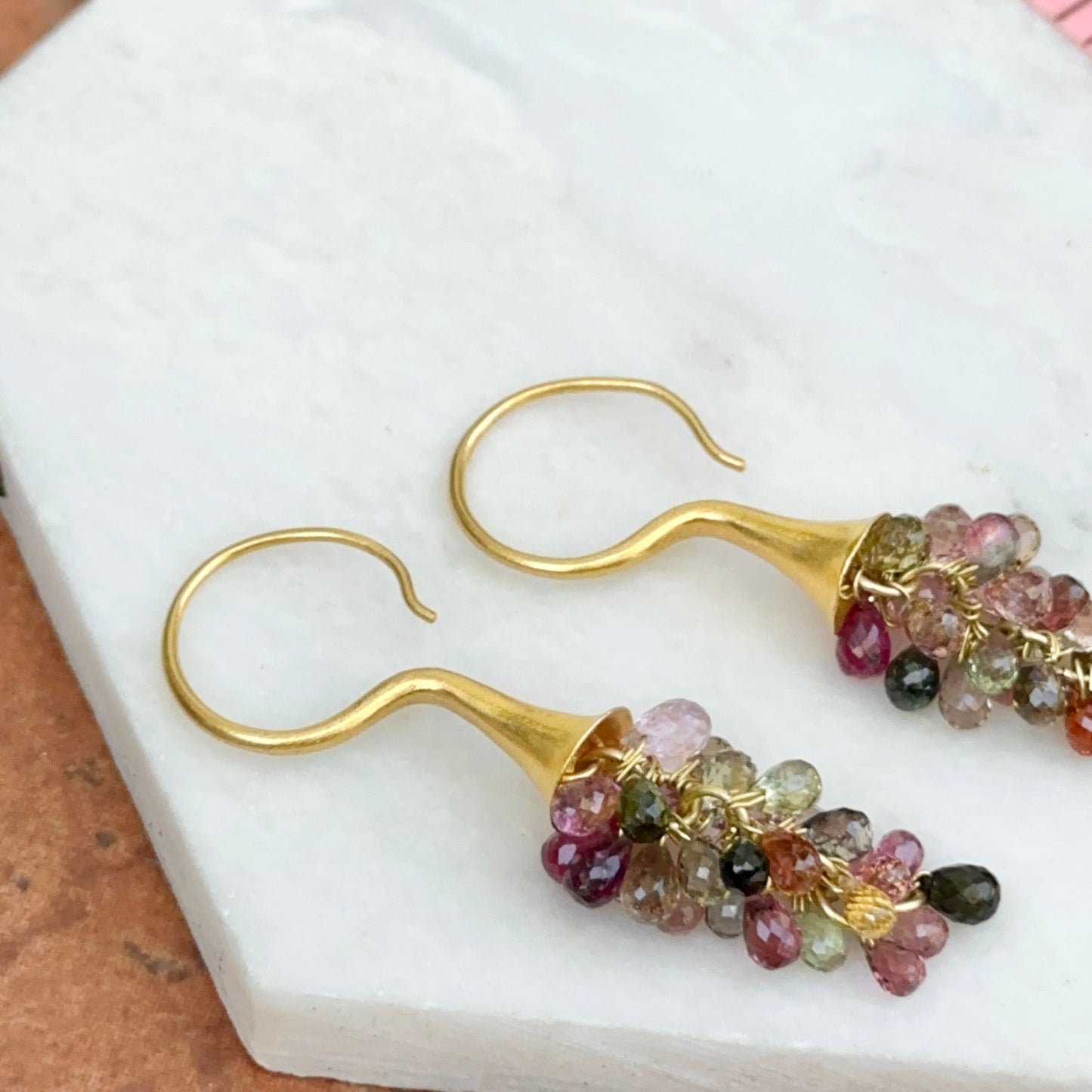 Estate 18KT Yellow Gold Matte Briolette Multi Colored Tourmaline Dangle Earrings